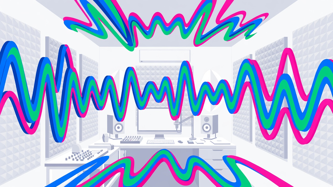Flat vector illustration of soundwaves bouncing inside a home studio