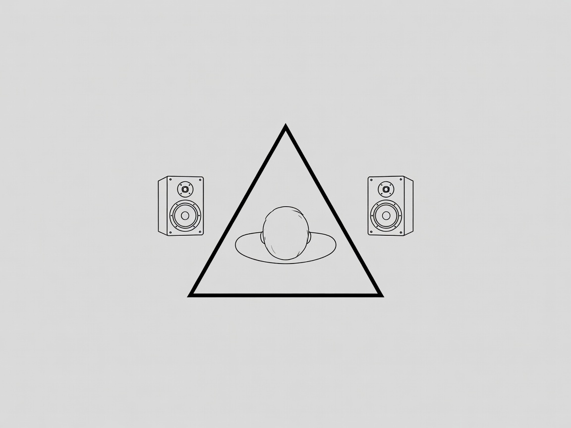 Vector top-down view showing an equilateral triangle between two studio monitors and a listener's head
