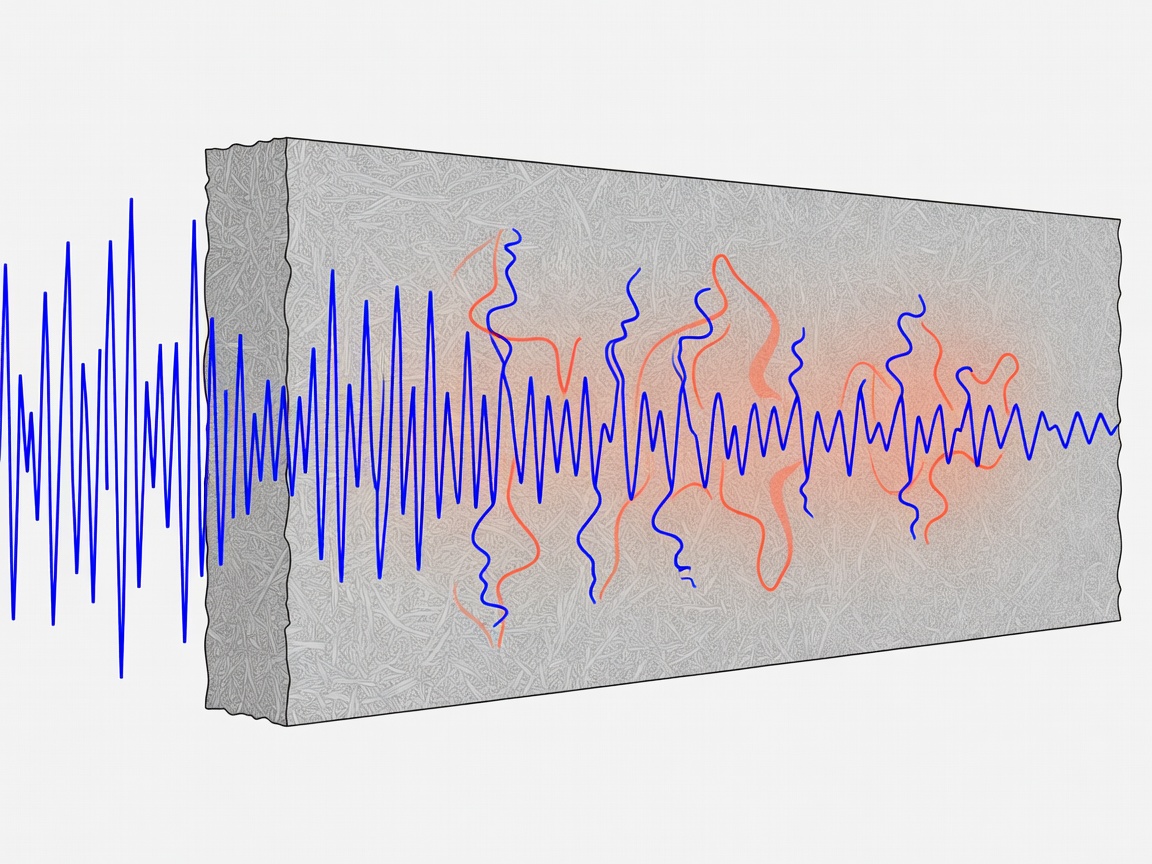 Vector cross-section showing soundwaves entering a rigid fiberglass panel and converting to heat