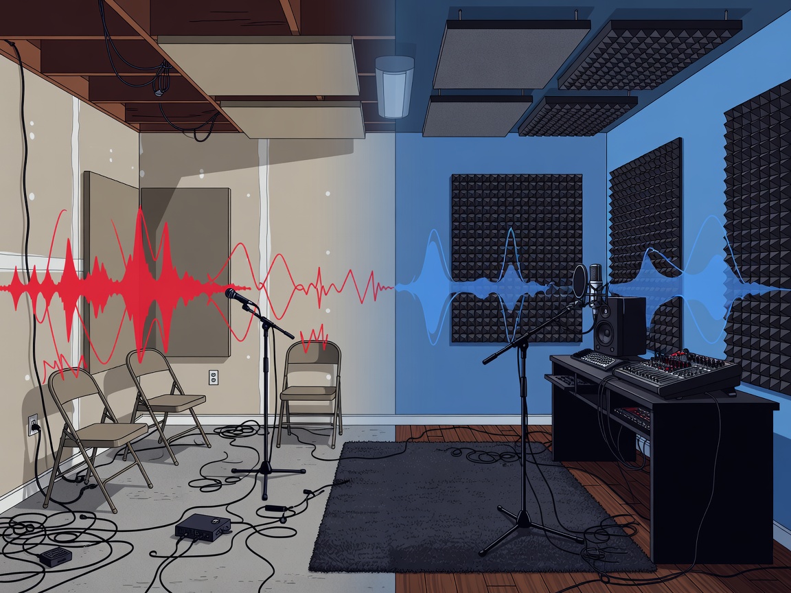 Vector illustration of an untreated home studio morphing into a treated, professional space