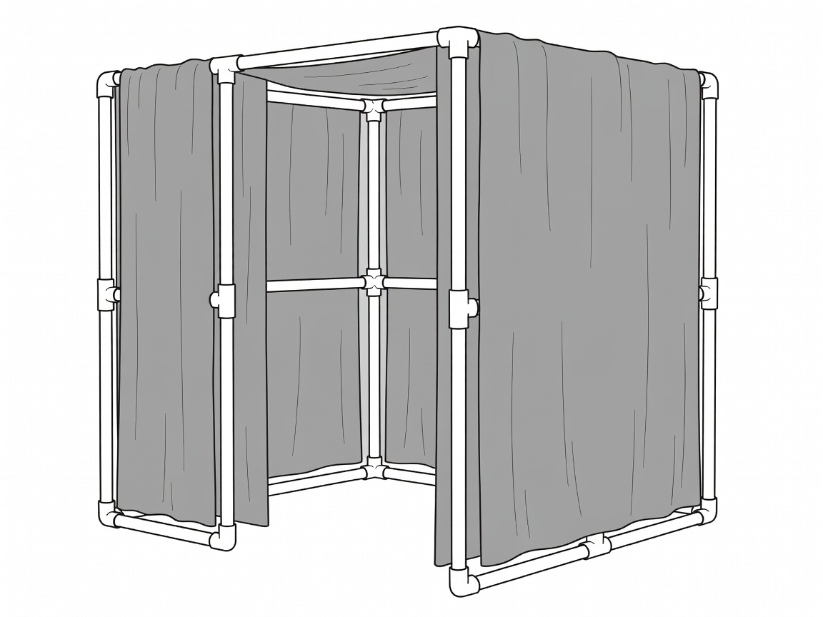 Vector schematic of a DIY PVC vocal booth covered in acoustic blankets